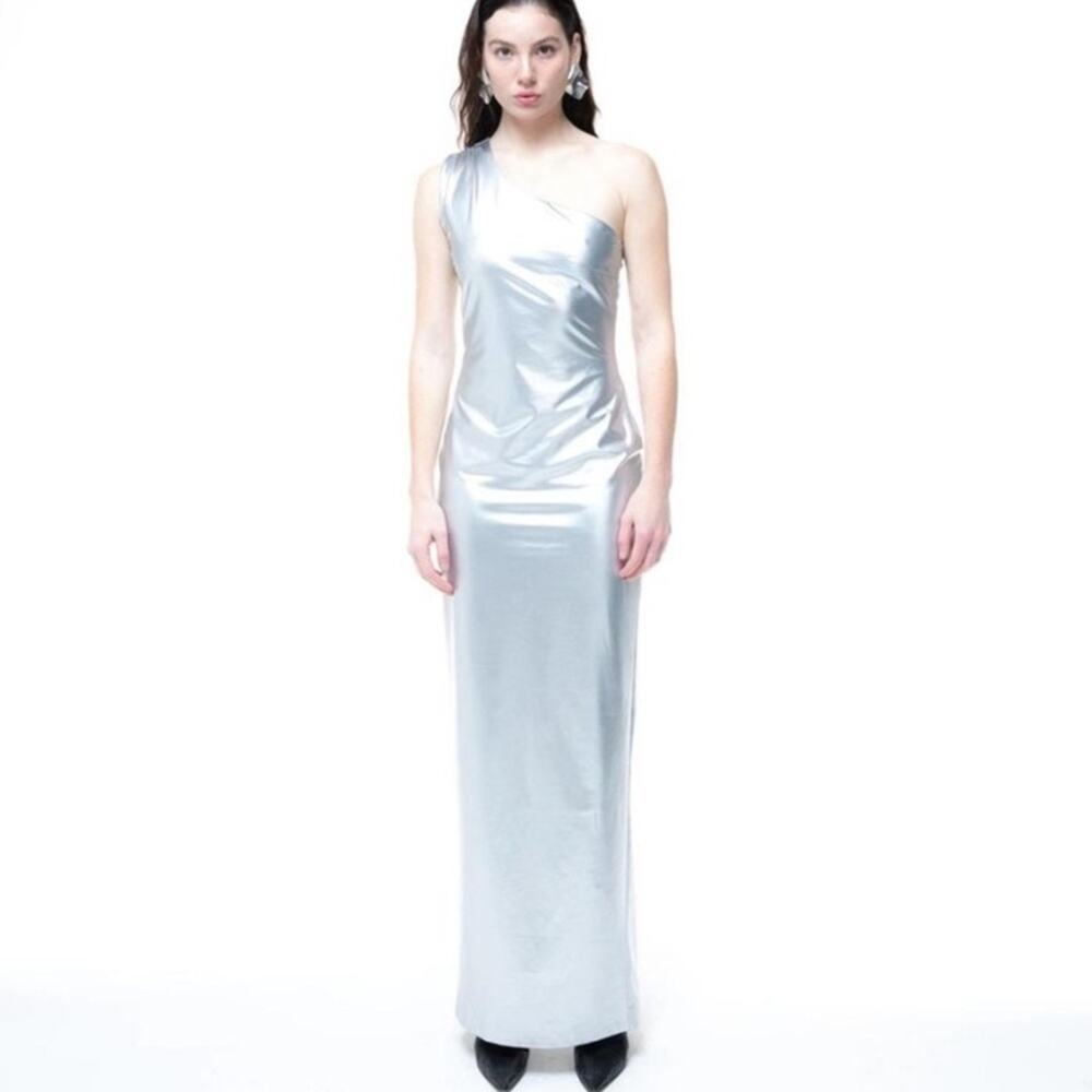 ATTEM Metta Conchetta Silver Metallic One Shoulder Long Maxi Dress size medium - Picture 3 of 11